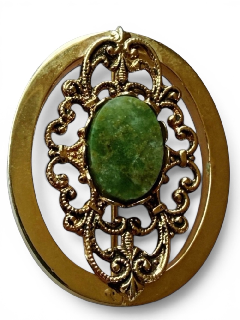 Vtg Gold‑Tone Filigree Brooch, Green Nephrite Jade-Look Cabochon Mid-Century Pin - Picture 10 of 14